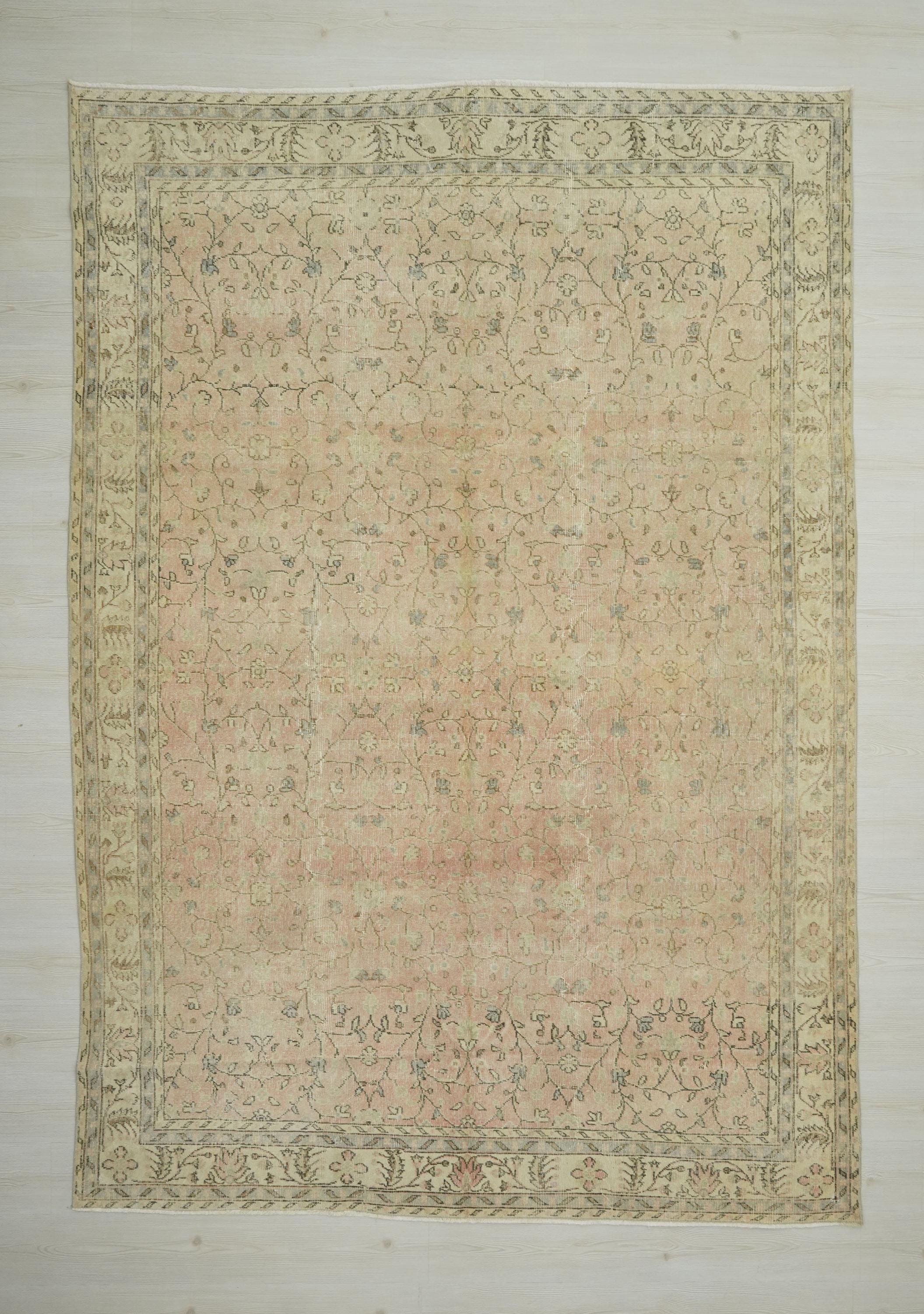 Large Salmon Pink Oushak Rug: Vintage Turkish Wool Carpet 7x10 Ft.