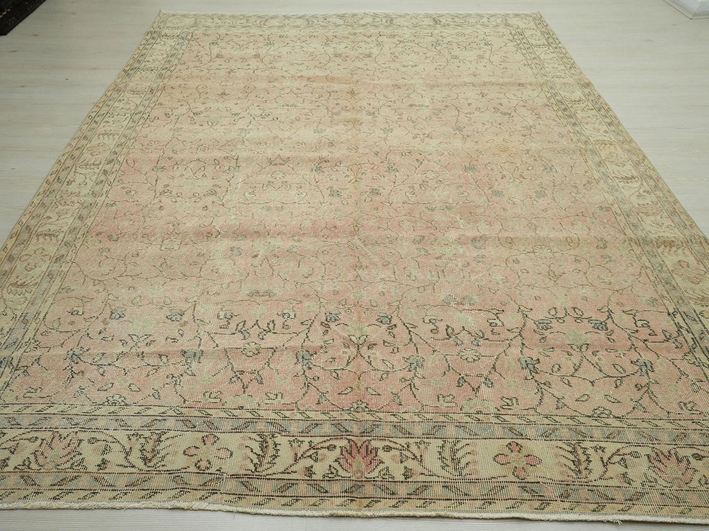Large Salmon Pink Oushak Rug: Vintage Turkish Wool Carpet 7x10 Ft.
