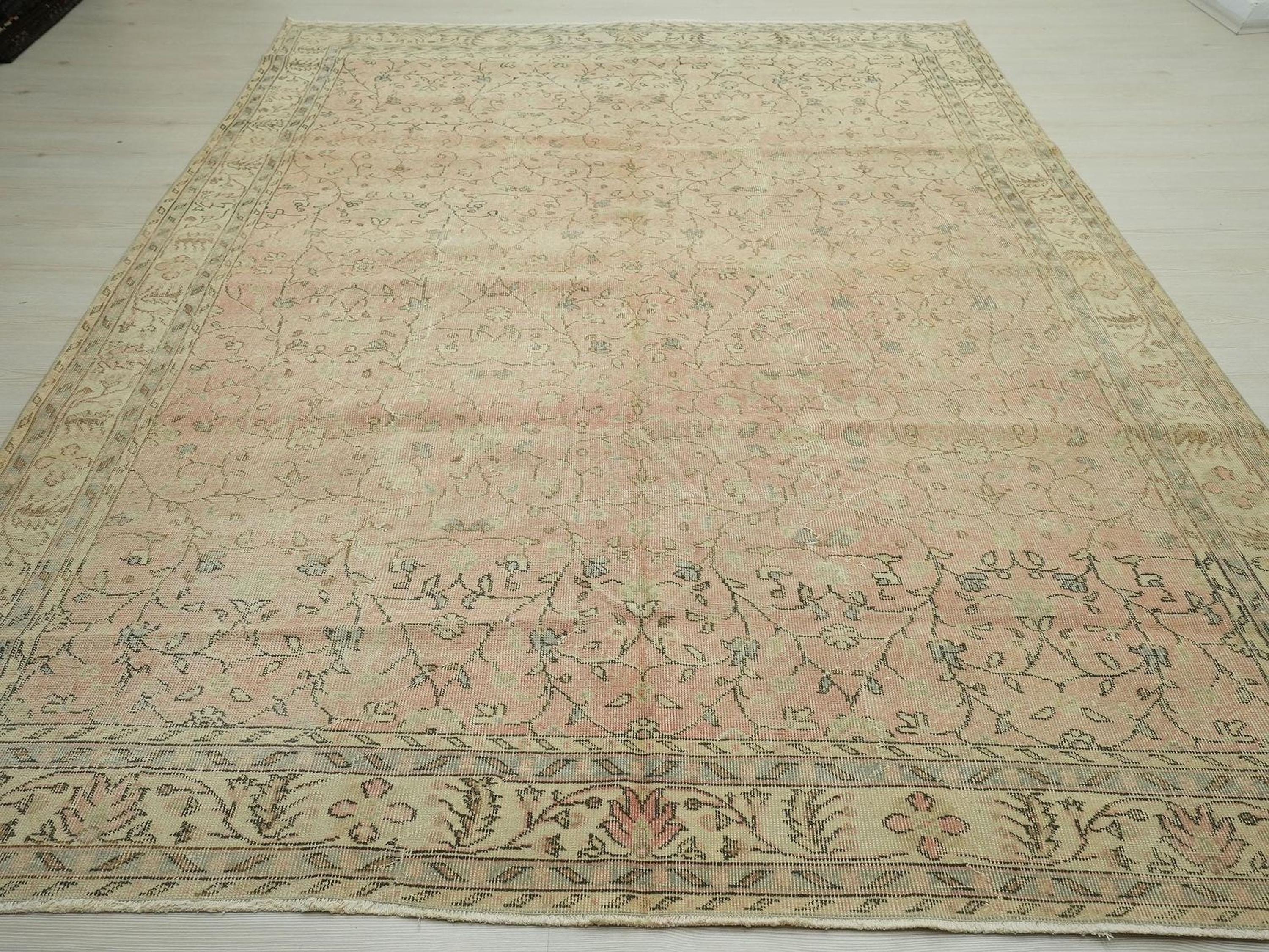 Large Salmon Pink Oushak Rug: Vintage Turkish Wool Carpet 7x10 Ft.