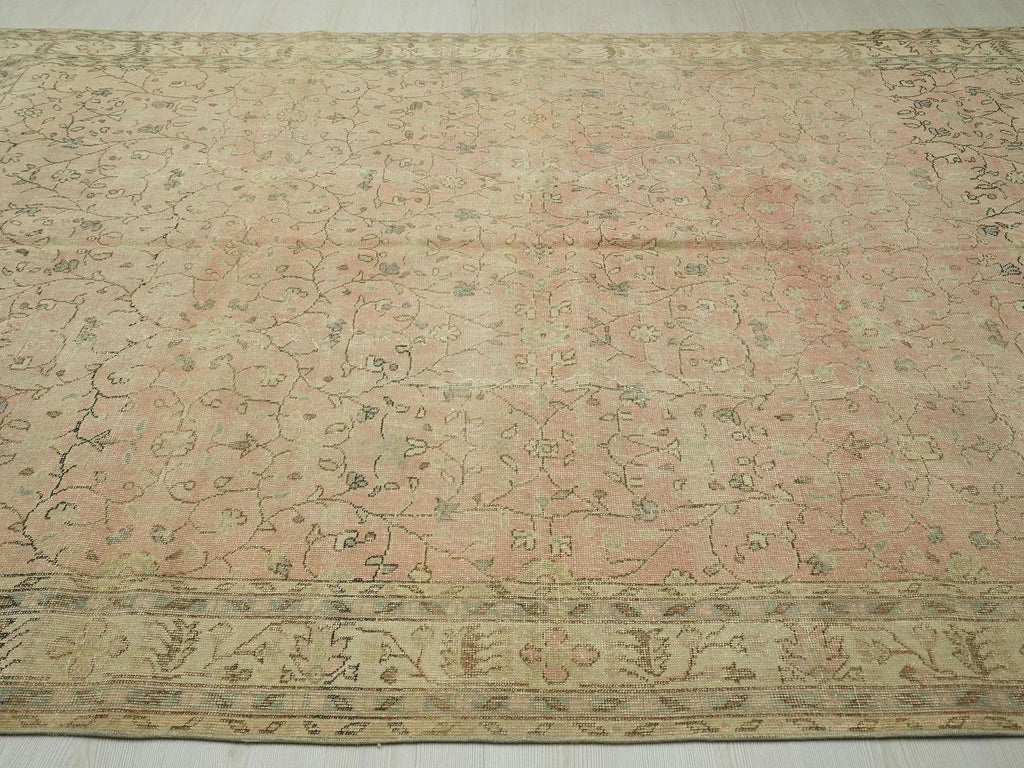 Large Salmon Pink Oushak Rug: Vintage Turkish Wool Carpet 7x10 Ft.