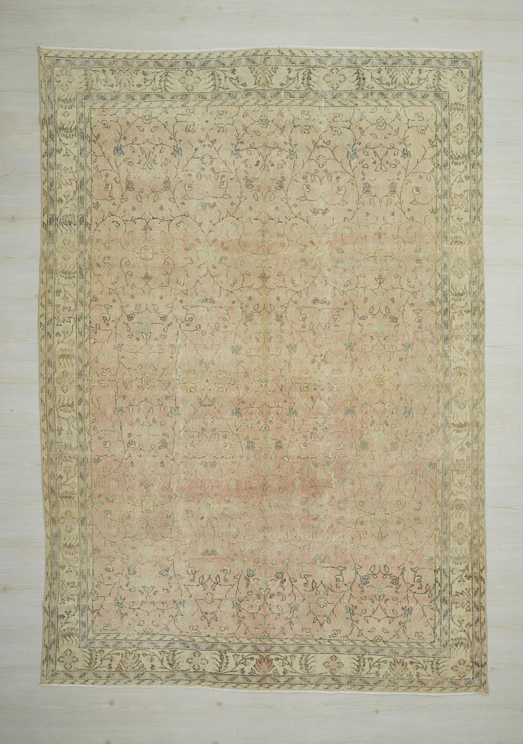 Large Vintage Turkish Oushak Rug: 7x10 Pink Brown Geometric Wool Carpet