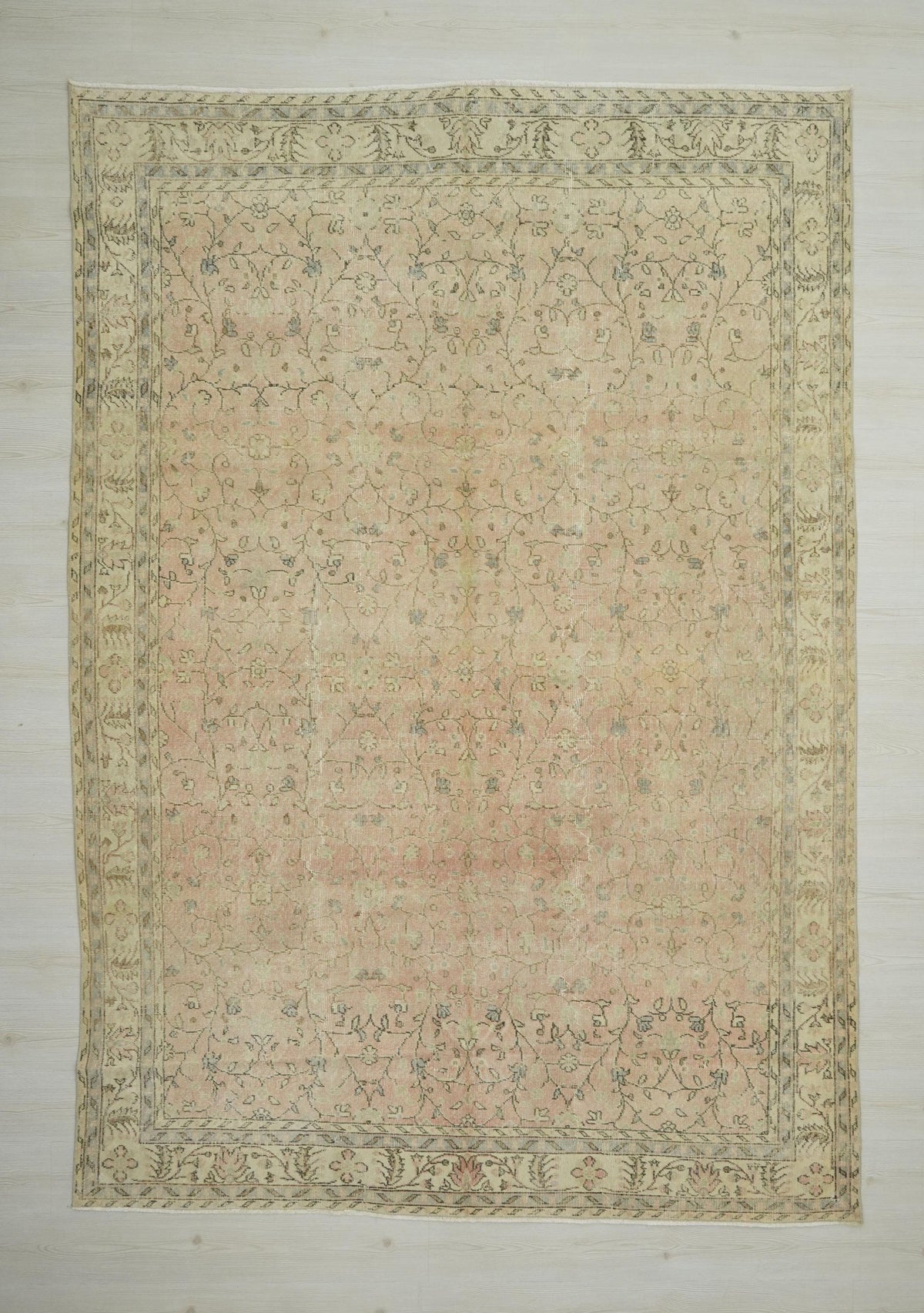 Large Vintage Turkish Oushak Rug: 7x10 Pink Brown Geometric Wool Carpet