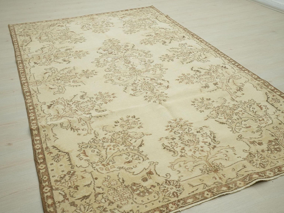 Wool Oushak Rug,6x9 Mid Century Modern Vintage Turkish Carpet.