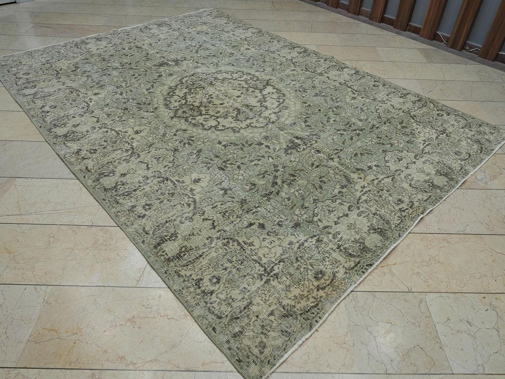 7x10 Feet Green & Brown Vintage Oushak Carpet Rug: Large Size Wool Turkish Rugs.