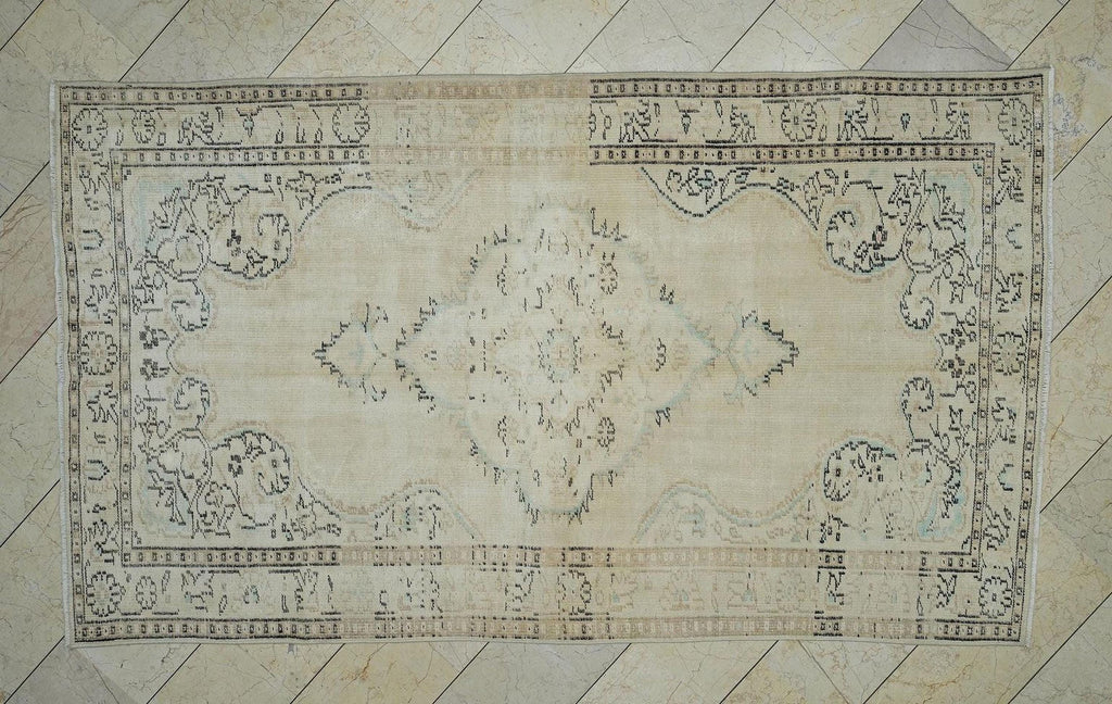 Handmade vintage oushak rug: 5.3x9 Feet,Mid Century Modern Turkish Rugs.
