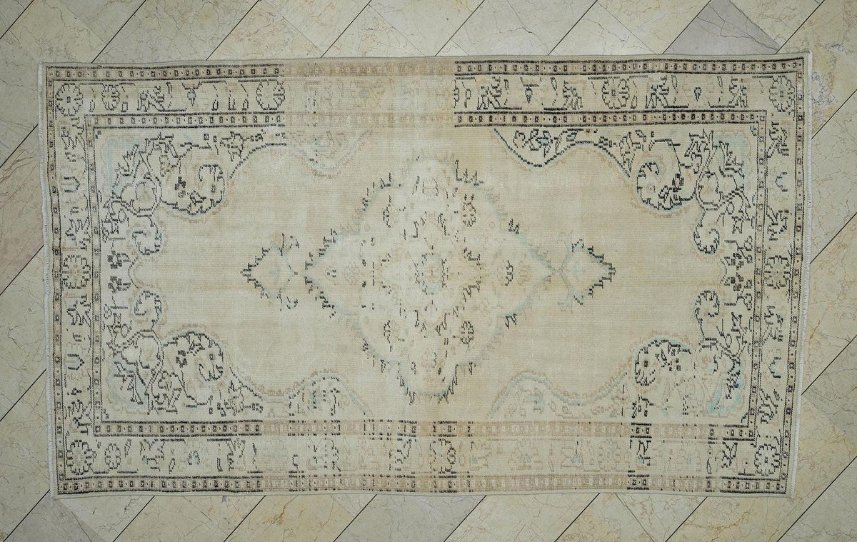 Handmade vintage oushak rug: 5.3x9 Feet,Mid Century Modern Turkish Rugs.