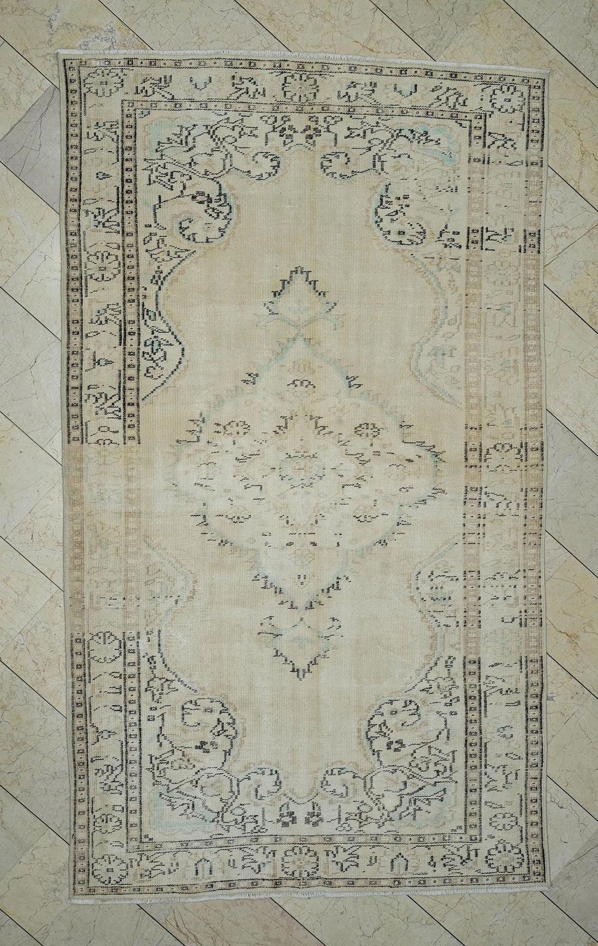 Handmade vintage oushak rug: 5.3x9 Feet,Mid Century Modern Turkish Rugs.