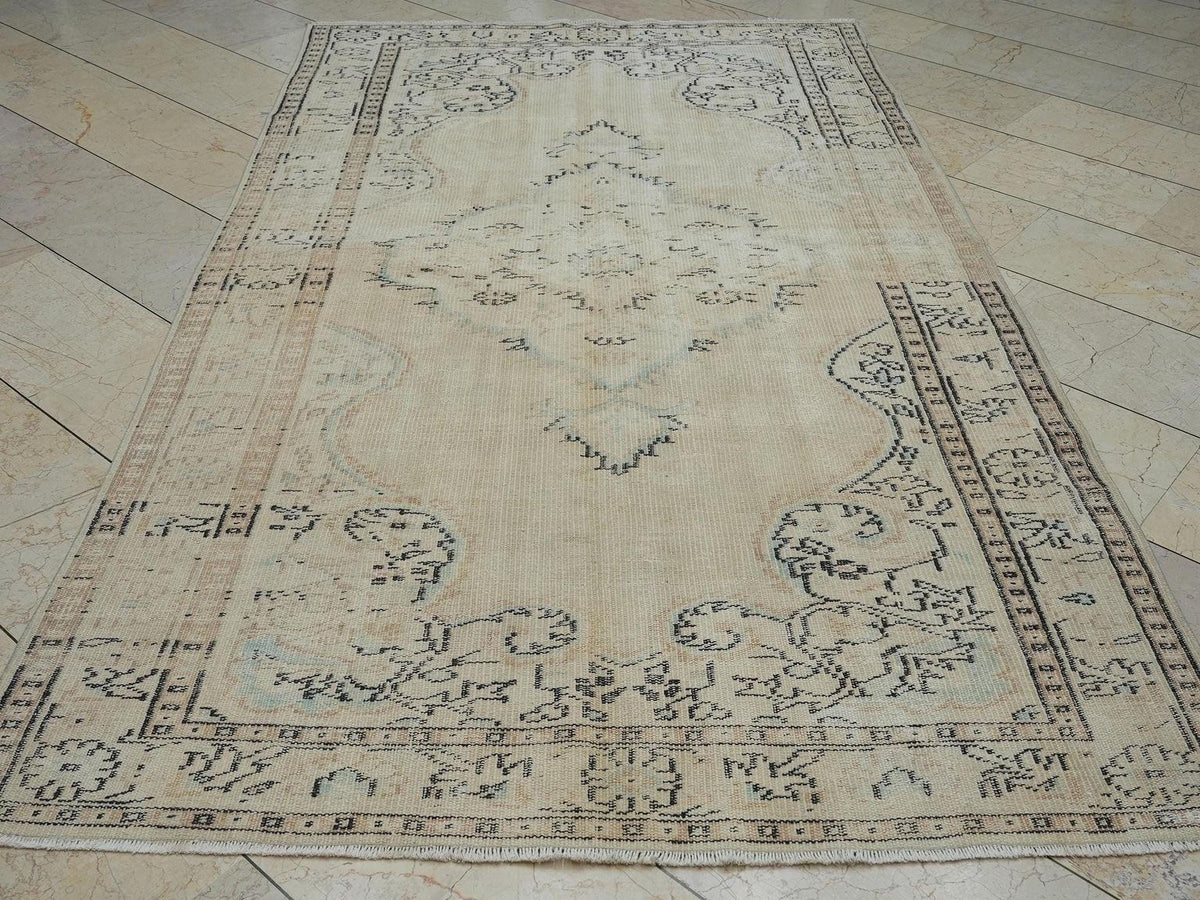 Handmade vintage oushak rug: 5.3x9 Feet,Mid Century Modern Turkish Rugs.