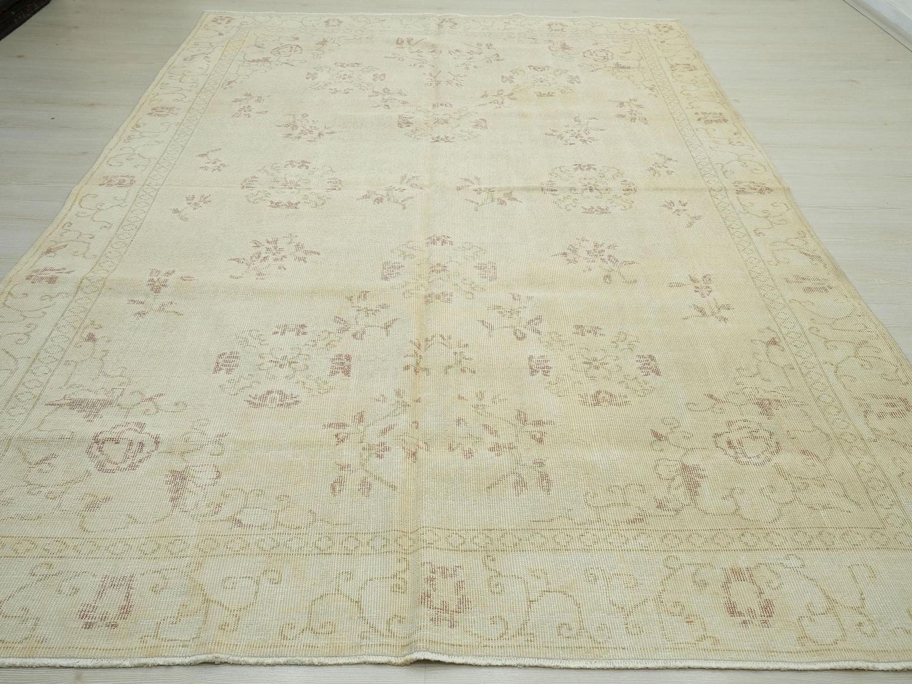 Large Oushak Rug: 6.9x10.3 ft, Handmade Turkish Wool Vintage Rugs.