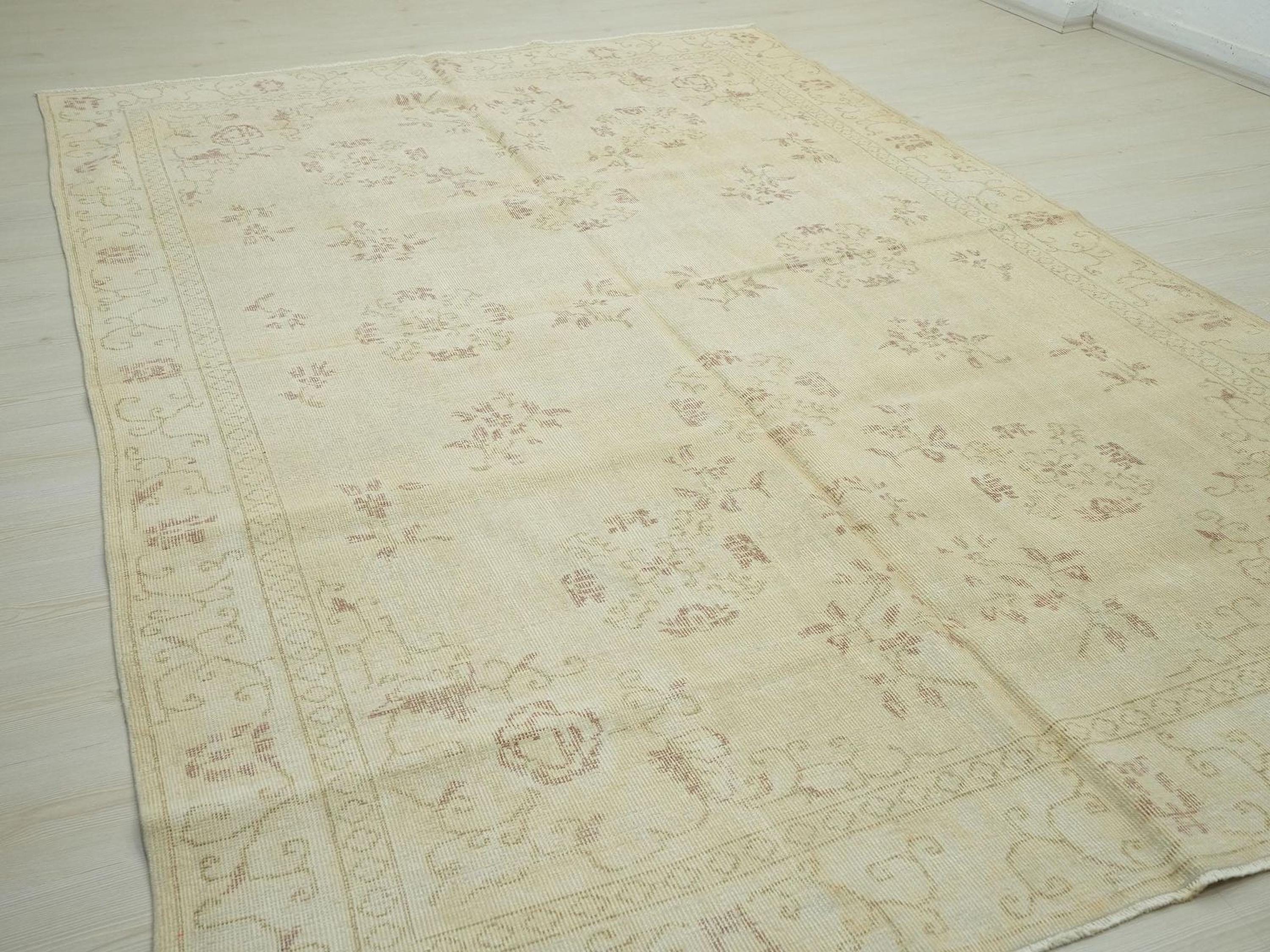 Large Oushak Rug: 6.9x10.3 ft, Handmade Turkish Wool Vintage Rugs.