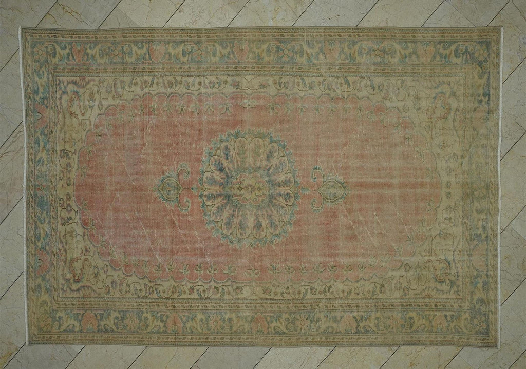 Vintage Pink Blue Oushak Rug: Handmade Turkish Wool Carpet 6.6x9.9 ft
