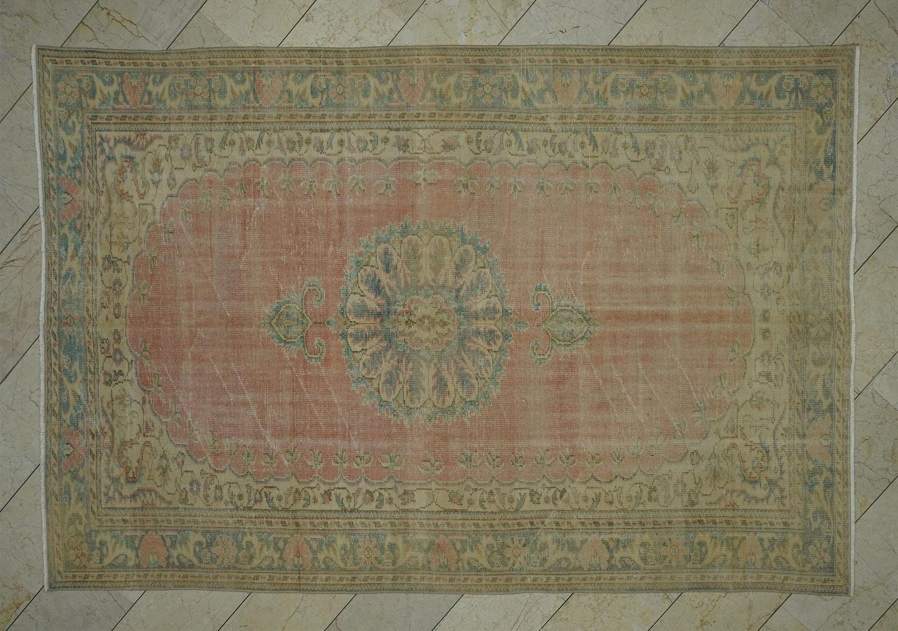 Vintage Pink Blue Oushak Rug: Handmade Turkish Wool Carpet 6.6x9.9 ft