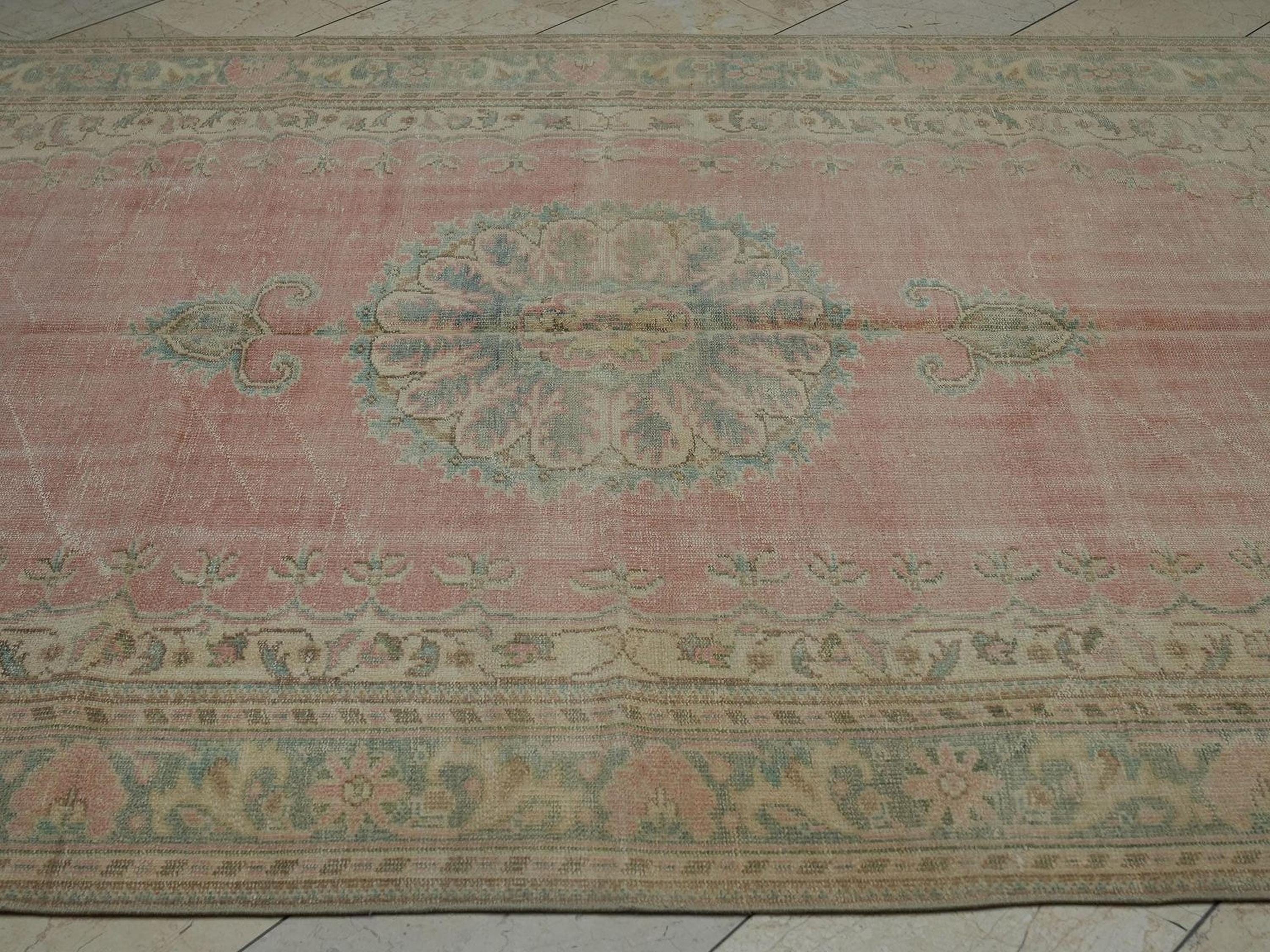 Vintage Pink Blue Oushak Rug: Handmade Turkish Wool Carpet 6.6x9.9 ft