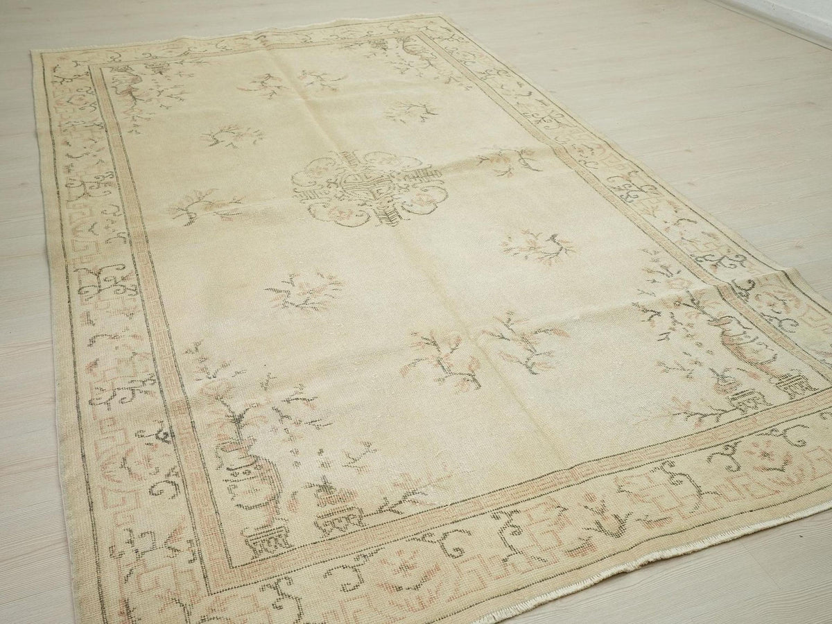 Handmade Oushak Rug: Mid Century Modern Turkish Carpet Rugs,5,8"x9,5" Feet.