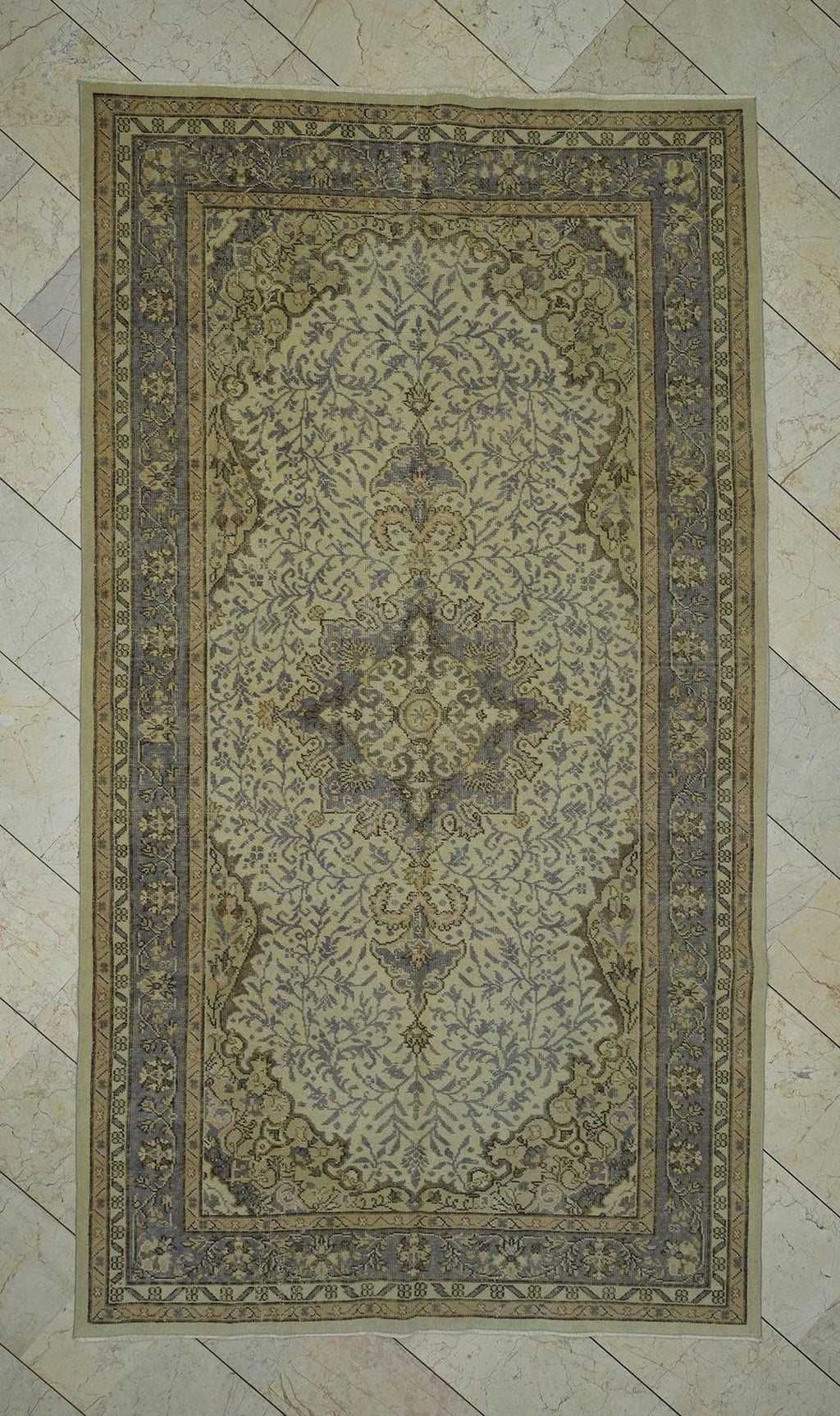 Pale Gray & Beige Vintage Turkish Carpet Rug: 5.4x9.7 Feet,Mid Century Modern Oushak Rugs.