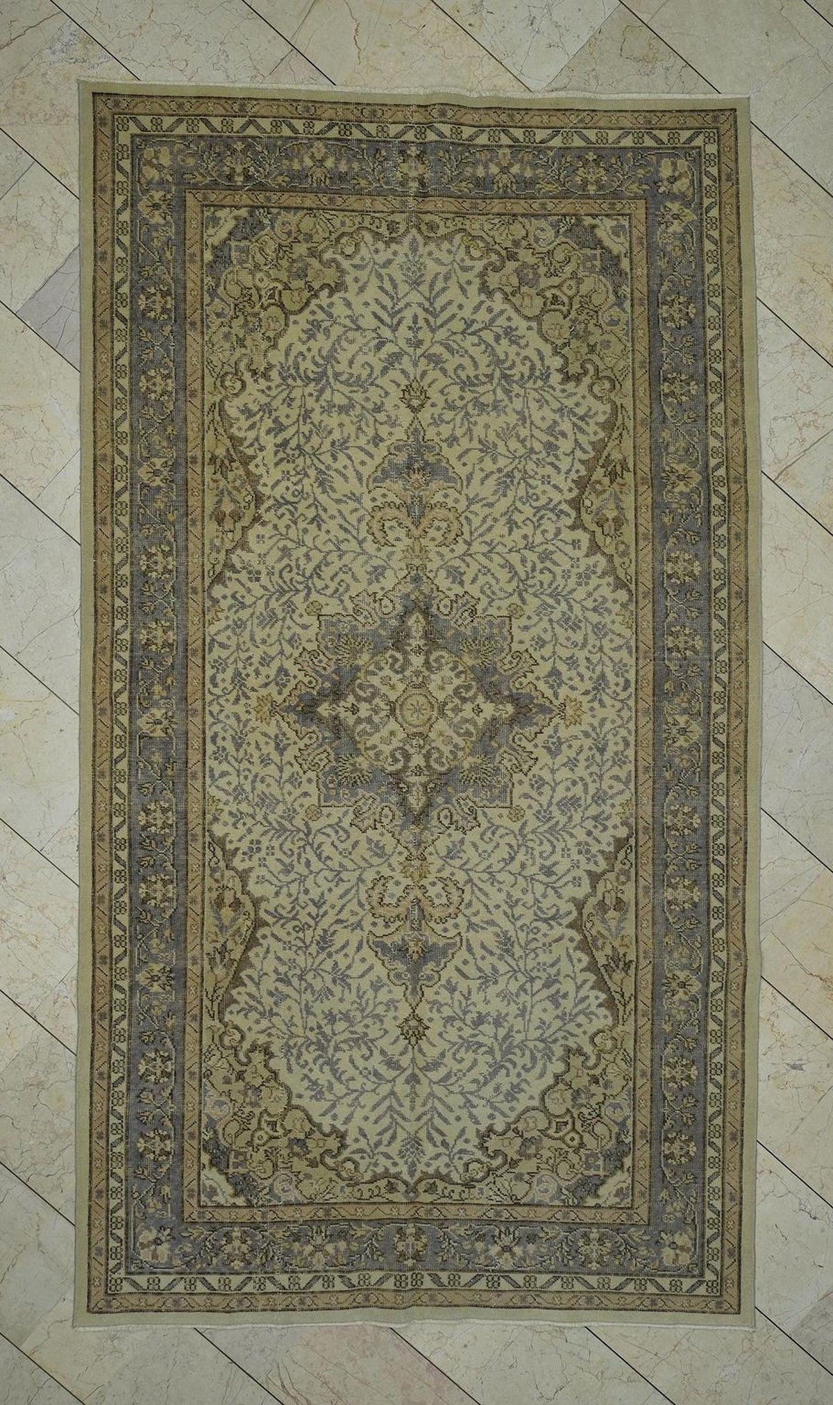Pale Gray & Beige Vintage Turkish Carpet Rug: 5.4x9.7 Feet,Mid Century Modern Oushak Rugs.