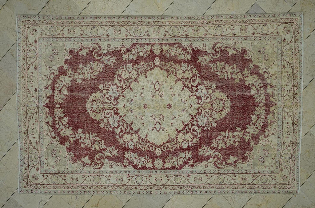 Vintage Oushak Rug: 5.7x9.2 ft, Red Beige Geometric Turkish Carpet