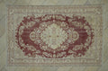Vintage Oushak Rug: 5.7x9.2 ft, Red Beige Geometric Turkish Carpet