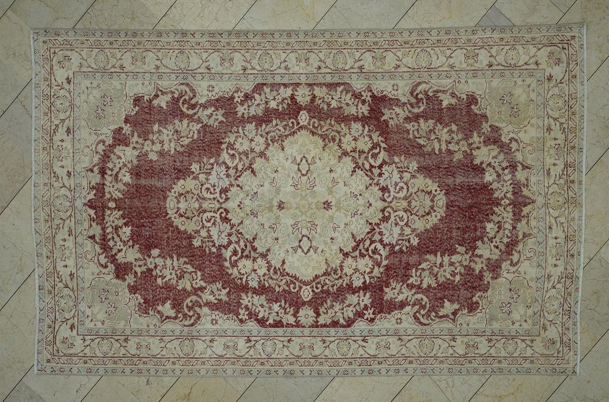 Vintage Oushak Rug: 5.7x9.2 ft, Red Beige Geometric Turkish Carpet