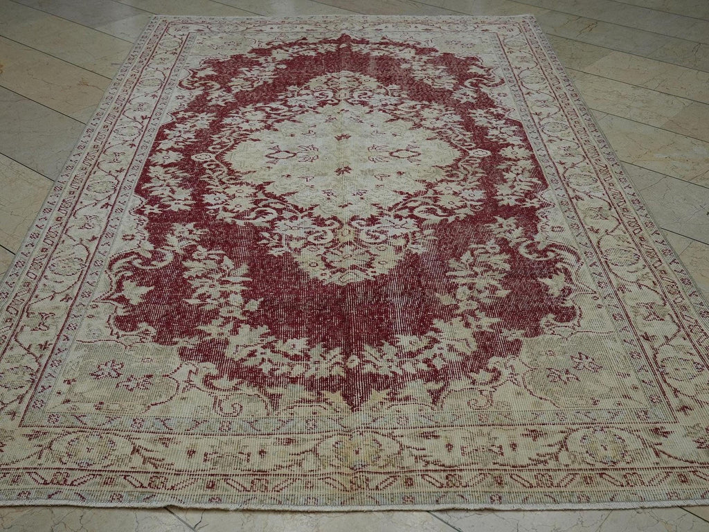 Vintage Oushak Rug: 5.7x9.2 ft, Red Beige Geometric Turkish Carpet
