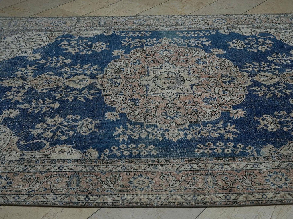 Navy Blue Oushak Rug: 7x10 Vintage Turkish Wool Carpet