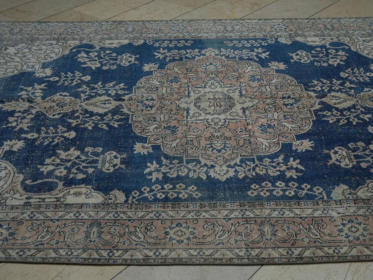 Navy Blue Oushak Rug: 7x10 Vintage Turkish Wool Carpet