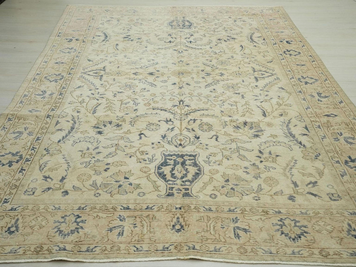 Vintage Beige & Blue Oushak Rug: Large Turkish Wool Carpet Rugs, 6,9"x9,8" Feet.