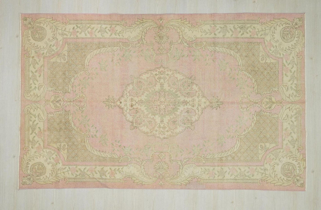 Vintage Oushak Turkish Rug: Salmon Pink Mid Century Modern Wool Rugs,6,11x10,1 Feet.
