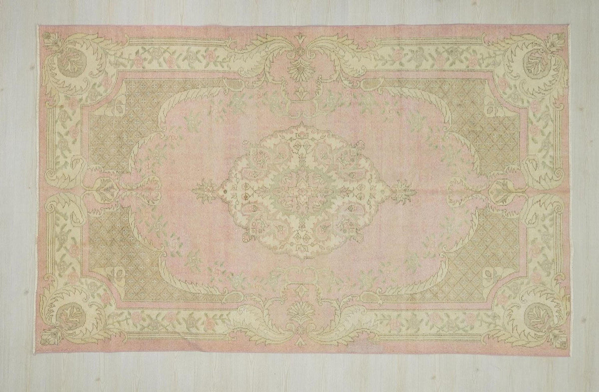 Vintage Oushak Turkish Rug: Salmon Pink Mid Century Modern Wool Rugs,6,11x10,1 Feet.