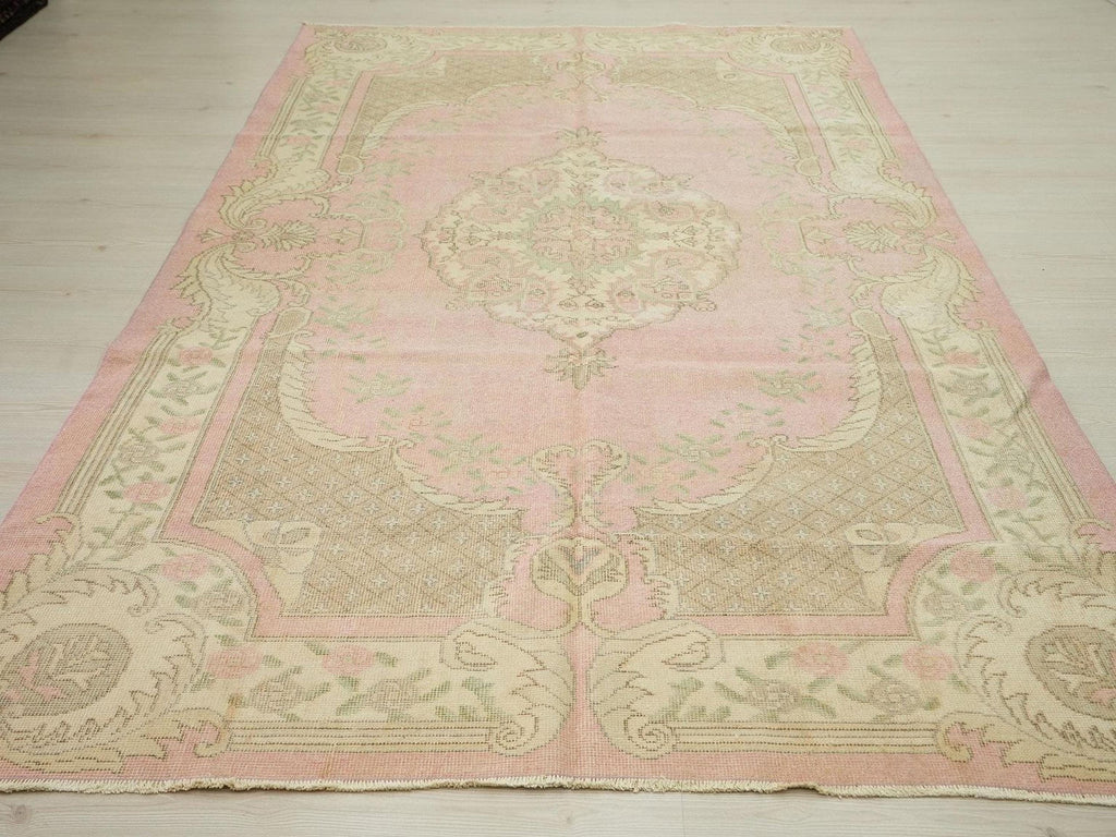 Vintage Oushak Turkish Rug: Salmon Pink Mid Century Modern Wool Rugs,6,11x10,1 Feet.