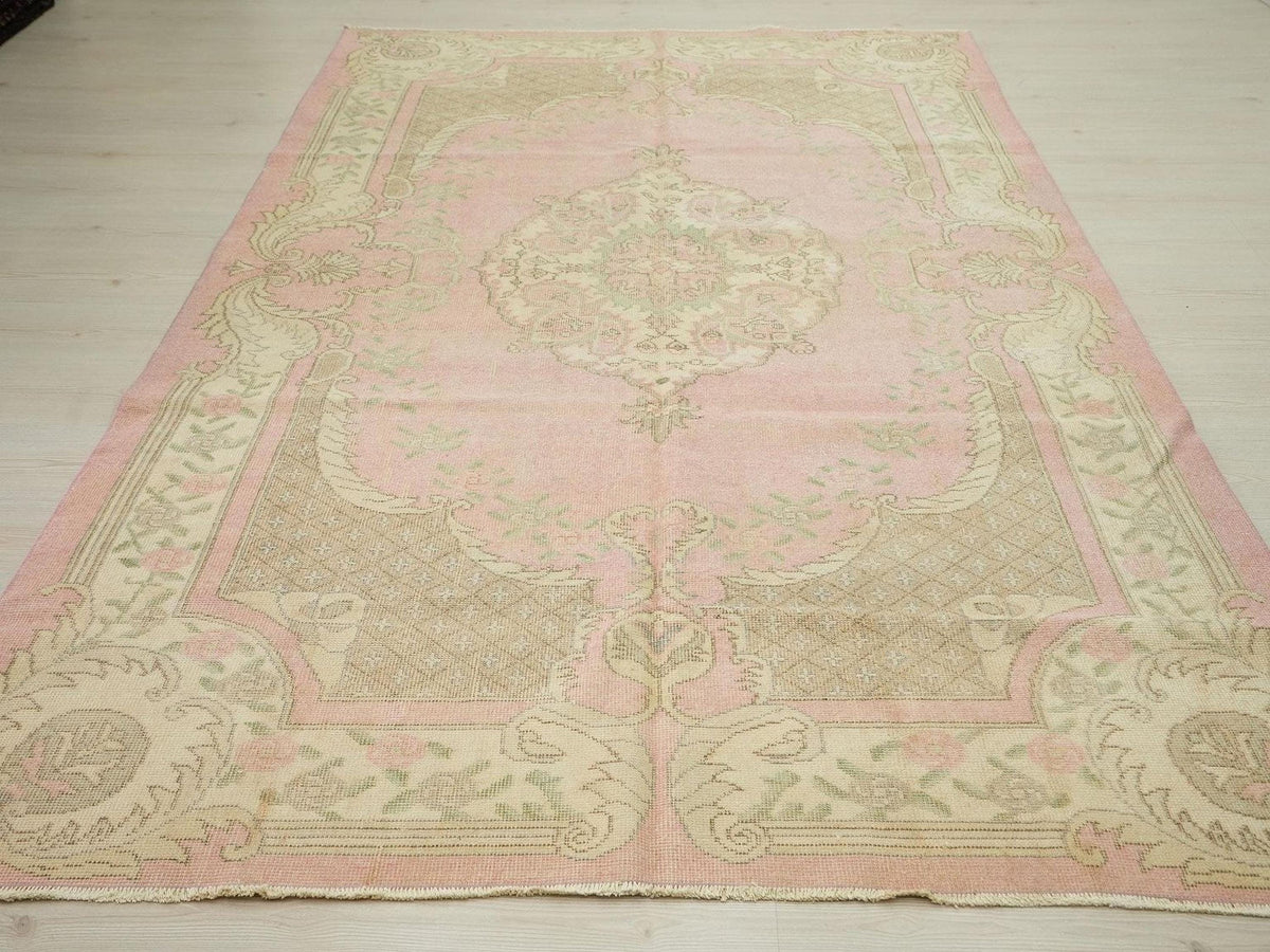 Vintage Oushak Turkish Rug: Salmon Pink Mid Century Modern Wool Rugs,6,11x10,1 Feet.