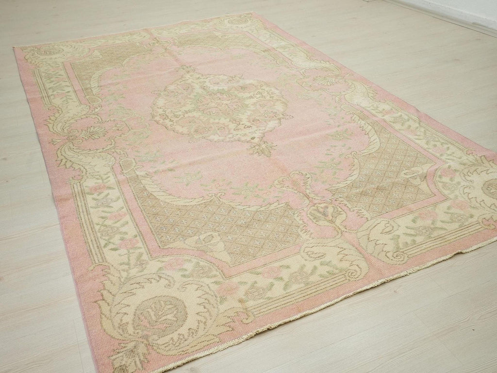 Vintage Oushak Turkish Rug: Salmon Pink Mid Century Modern Wool Rugs,6,11x10,1 Feet.