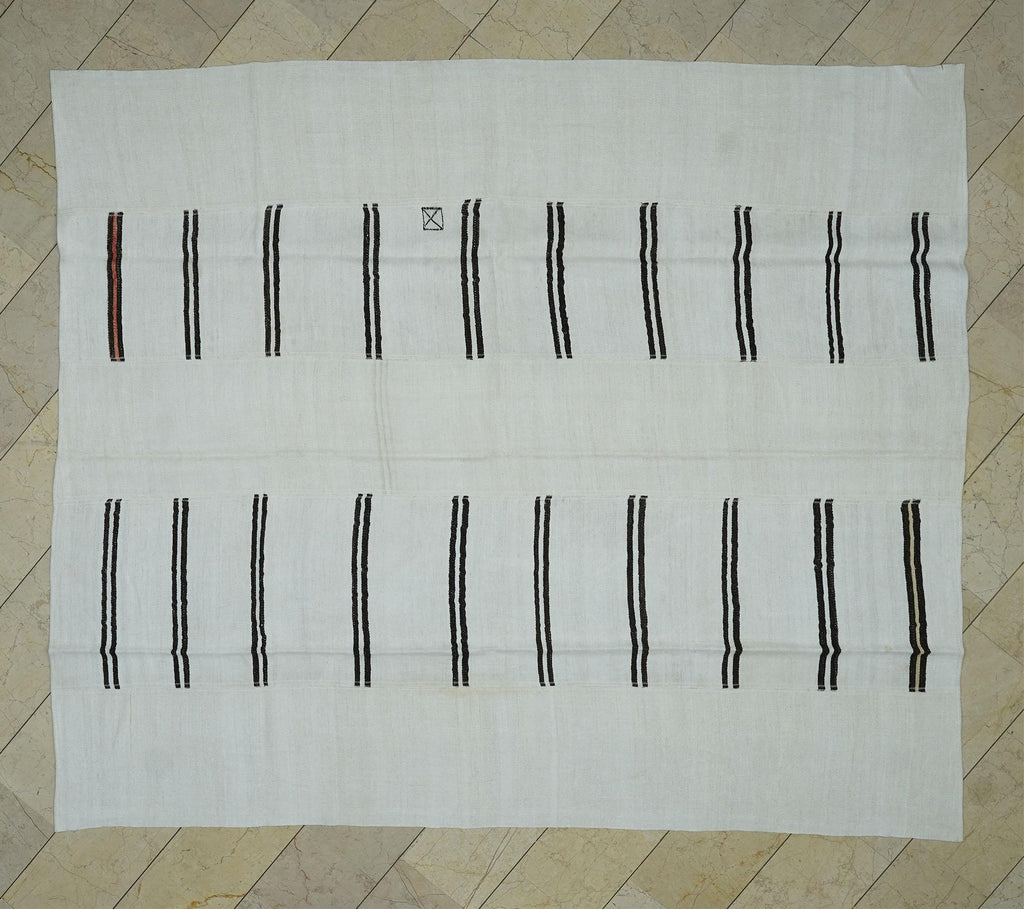 Scandinavian Style Turkish Hemp Patchwork Kilim Rug: Minimal Broken Stripe Rugs, 8.2x9.6 Feet.