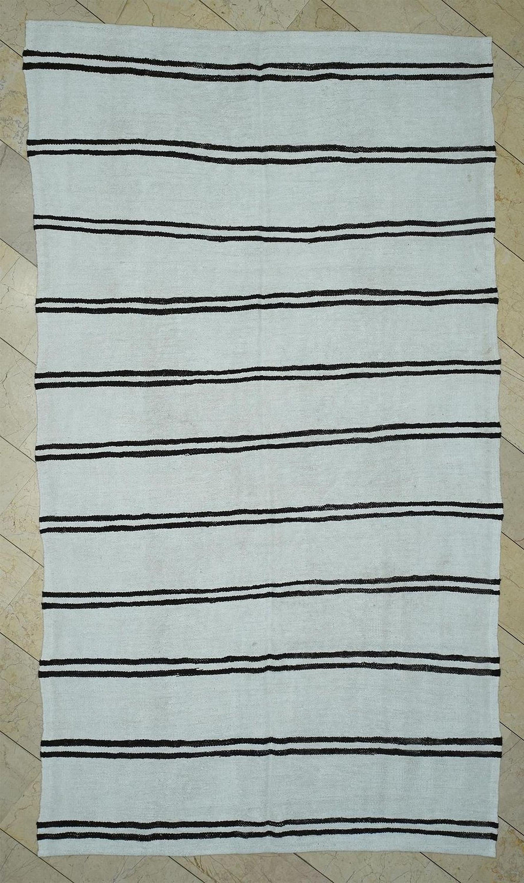 Dark Brown And White Stripe: Turkish Hemp Kilim Rug 6x10.7 ft, Minimalist Style Rugs.