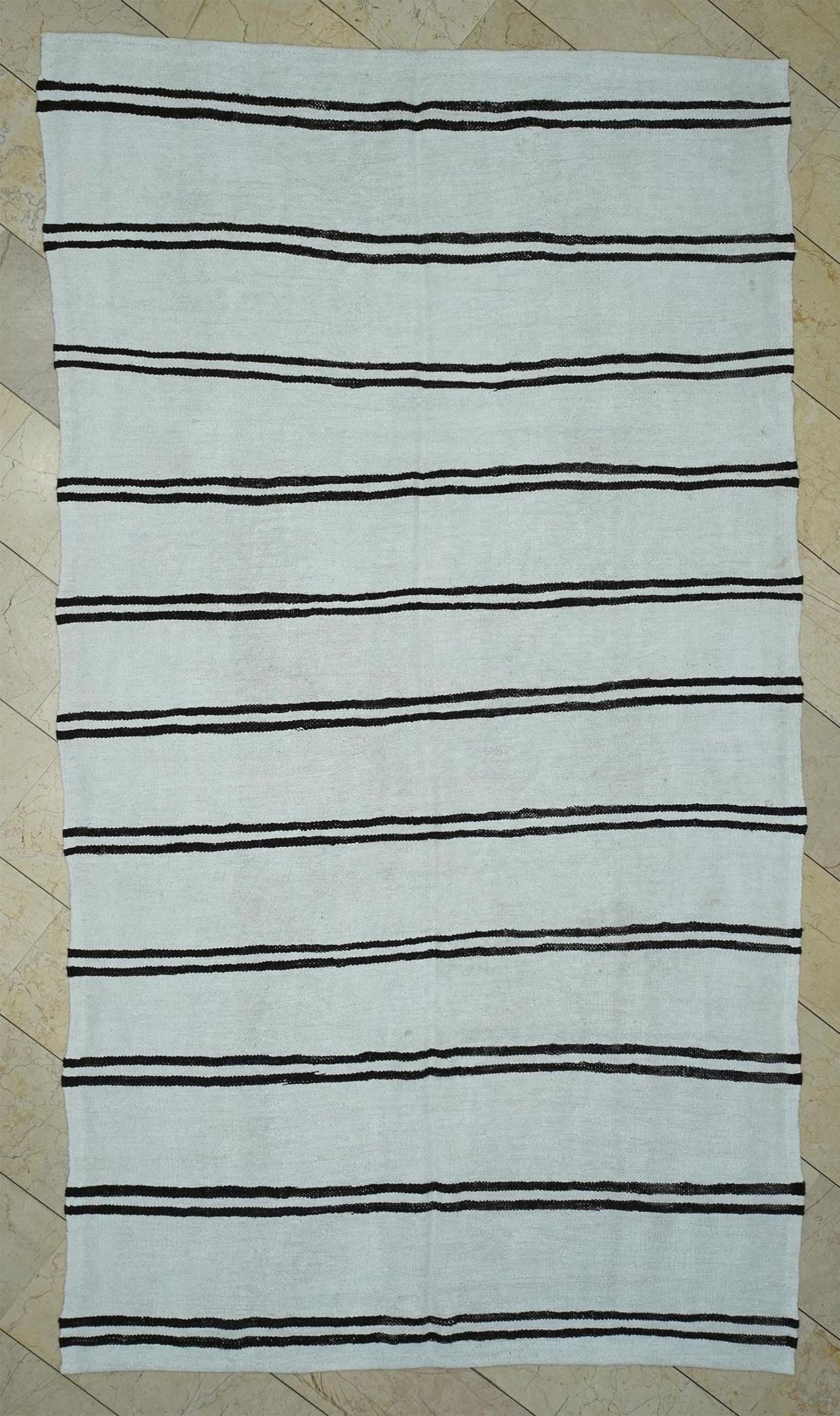 Dark Brown And White Stripe: Turkish Hemp Kilim Rug 6x10.7 ft, Minimalist Style Rugs.