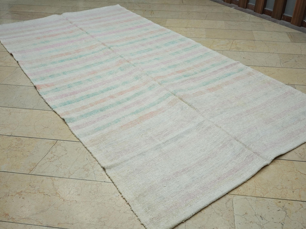 Handmade Hemp Kilim Rug: Pink And Blue Stripe  Flat Weave Rugs,5,4"x10,6" Feet