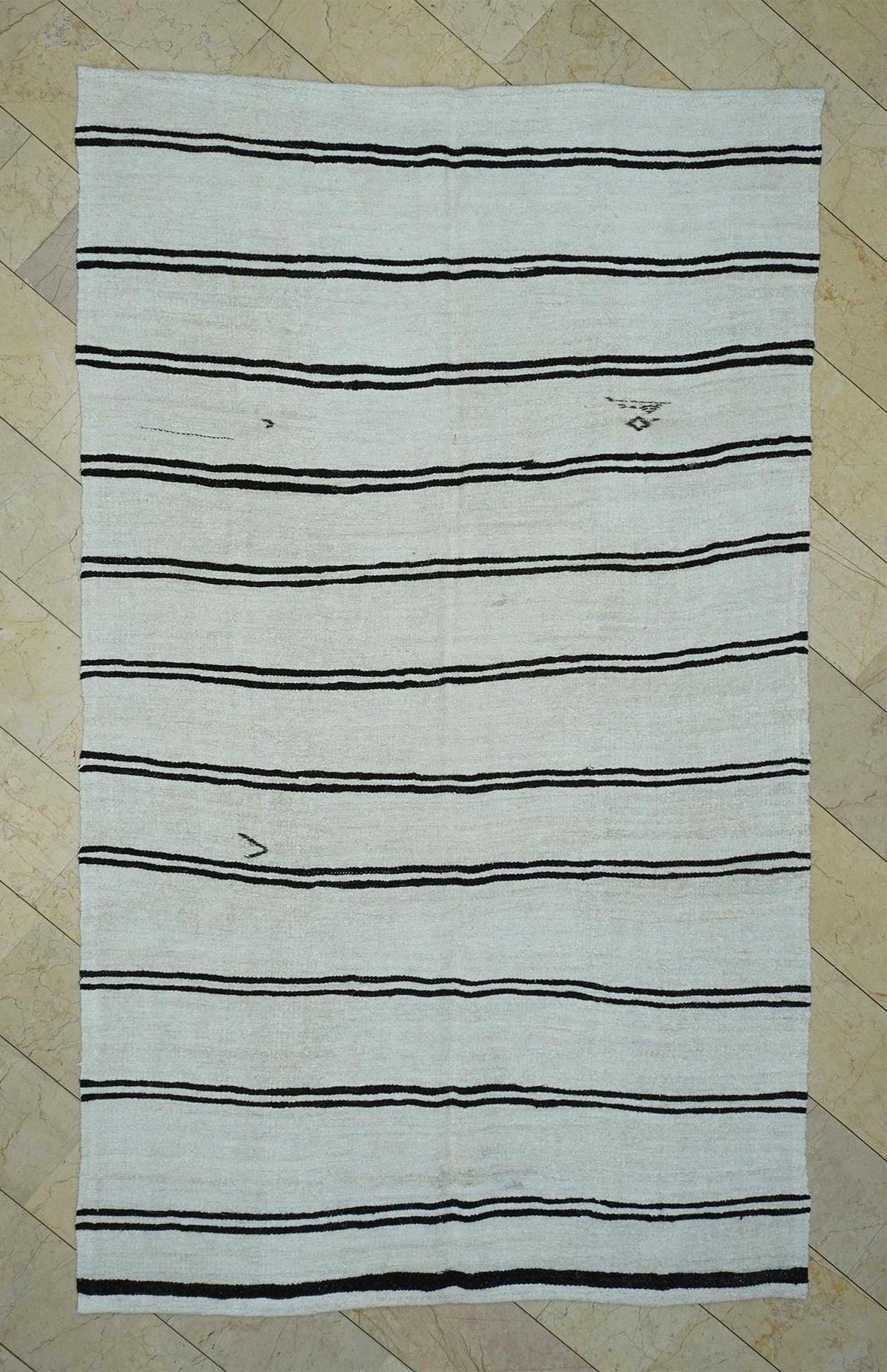 Vintage Hemp Kilim Rug: 6.3x10.7 ft,Dark Brown And White Minimalist Decor Rugs.