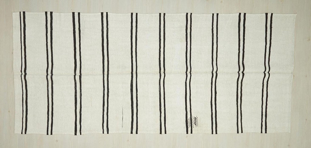 Vintage Hemp Kilim Rug: Dark Brown & White Striped Minimalist Rugs, 5.3"x12.3" Ft.