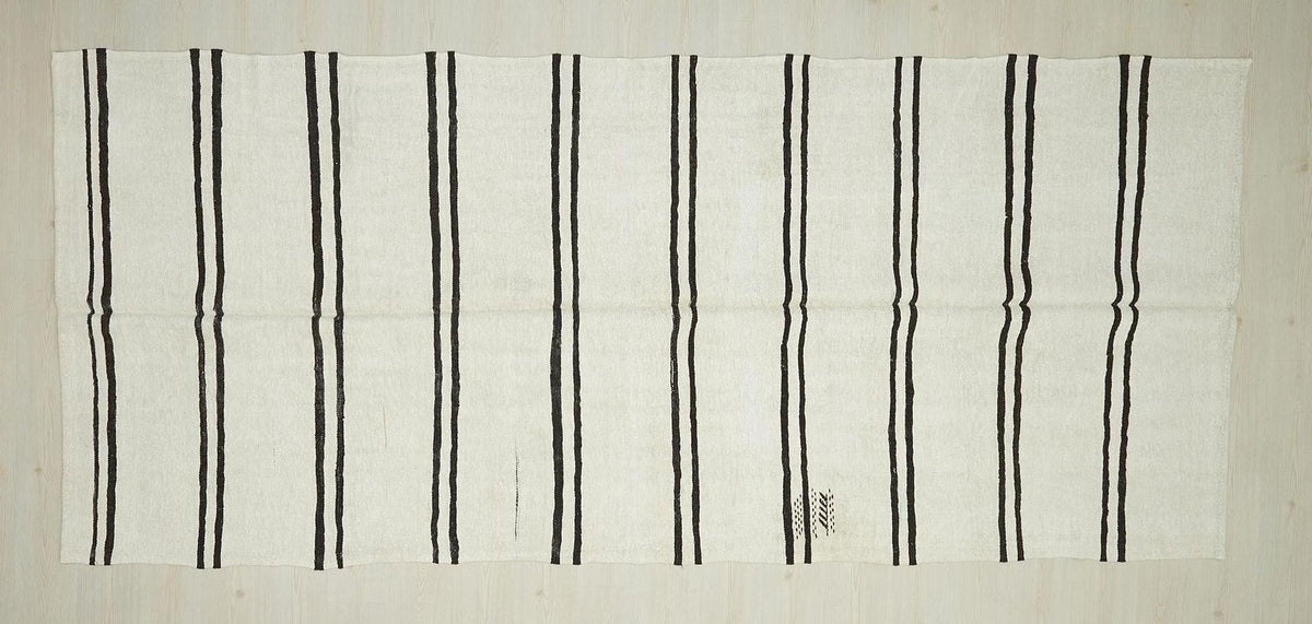 Vintage Hemp Kilim Rug: Dark Brown & White Striped Minimalist Rugs, 5.3"x12.3" Ft.