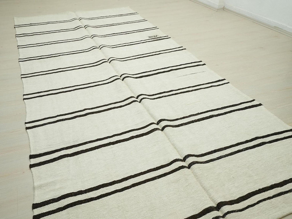 Vintage Hemp Kilim Rug: Dark Brown & White Striped Minimalist Rugs, 5.3"x12.3" Ft.