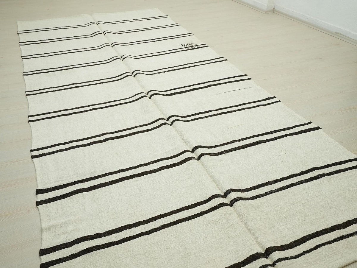 Vintage Hemp Kilim Rug: Dark Brown & White Striped Minimalist Rugs, 5.3"x12.3" Ft.