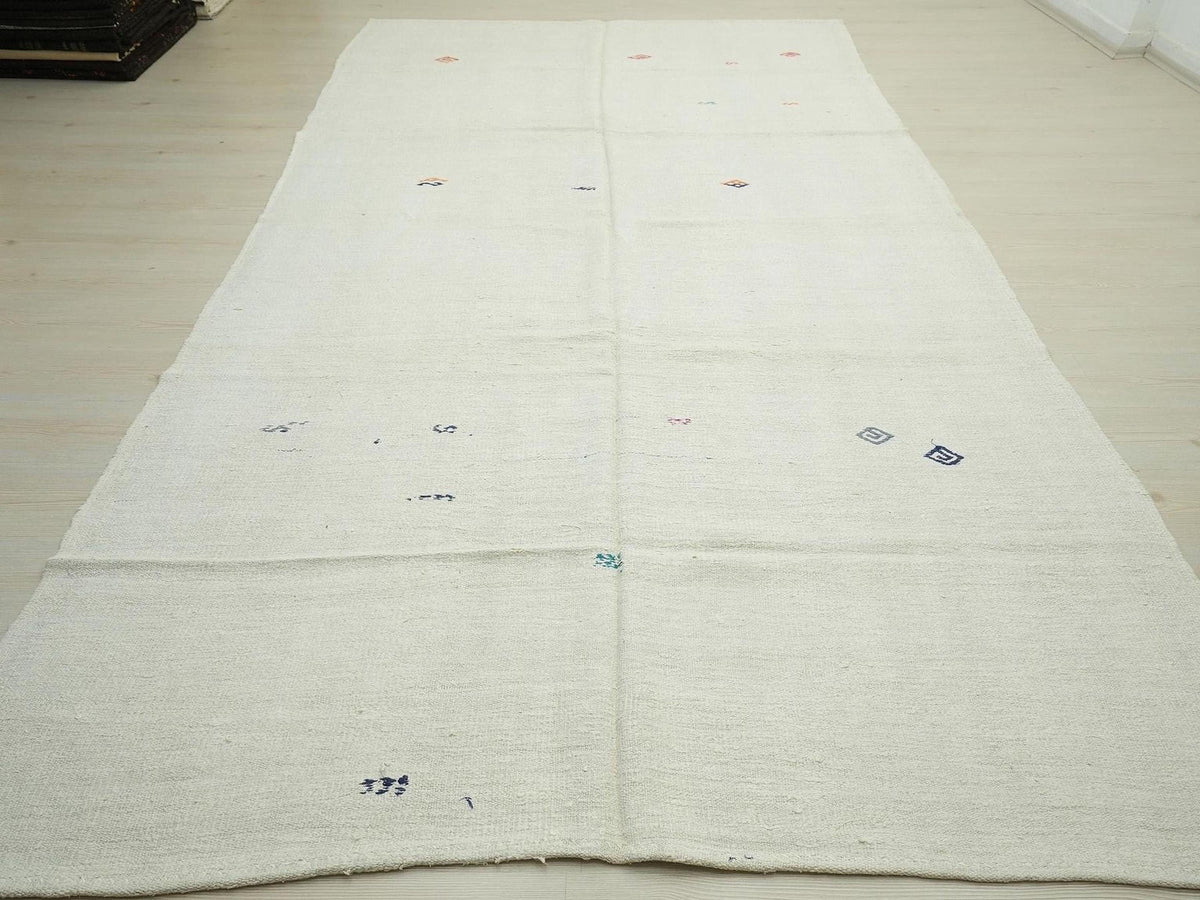 Vintage White Hemp Kilim Rug: 6.4"x12' Flat Weave Turkish Rugs