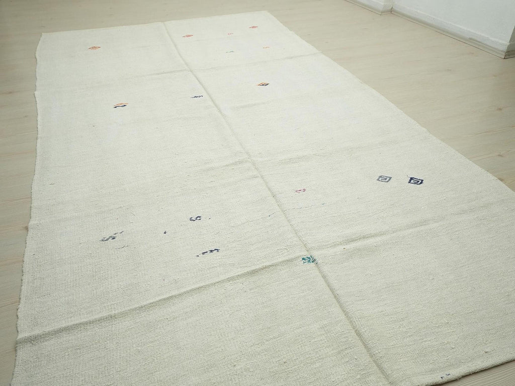 Vintage White Hemp Kilim Rug: 6.4"x12' Flat Weave Turkish Rugs