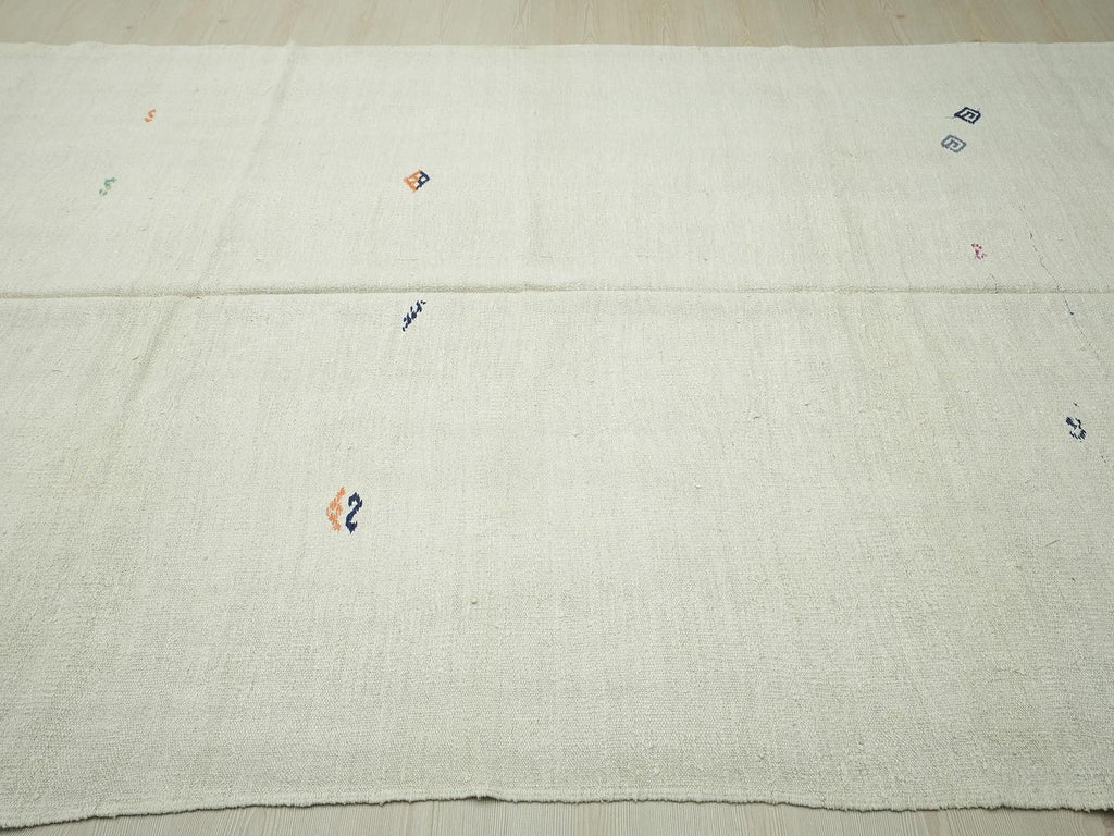 Vintage White Hemp Kilim Rug: 6.4"x12' Flat Weave Turkish Rugs