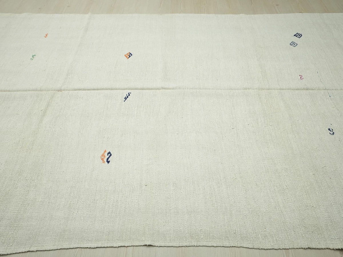 Vintage White Hemp Kilim Rug: 6.4"x12' Flat Weave Turkish Rugs