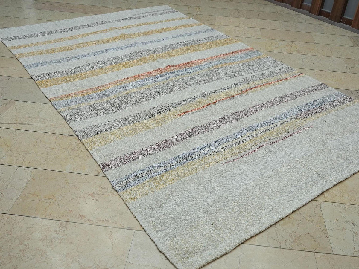 Vintage Turkish Hemp Kilim Rug: 6x9,8 ft, Flat Weave Striped Rugs