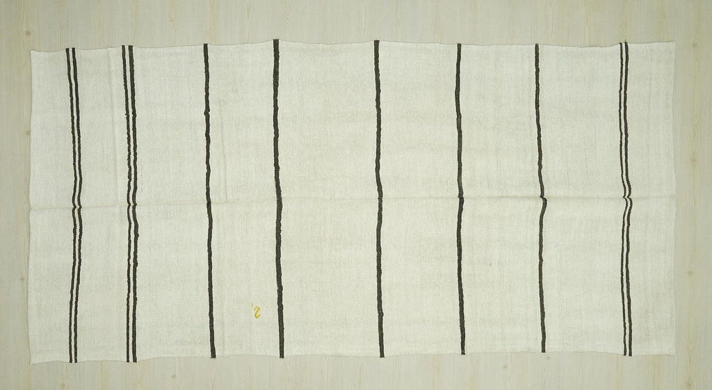 Turkish Organic Hemp Kilim Rug: Brown & White Stripe, Scandinavian Decor Rugs, 5,5"x11,3" Feet.