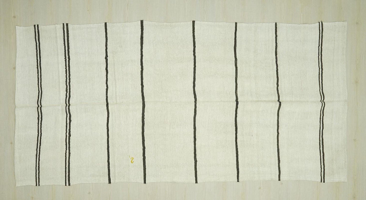 Turkish Organic Hemp Kilim Rug: Brown & White Stripe, Scandinavian Decor Rugs, 5,5"x11,3" Feet.