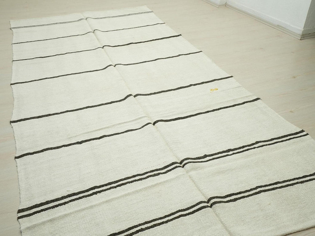 Turkish Organic Hemp Kilim Rug: Brown & White Stripe, Scandinavian Decor Rugs, 5,5"x11,3" Feet.