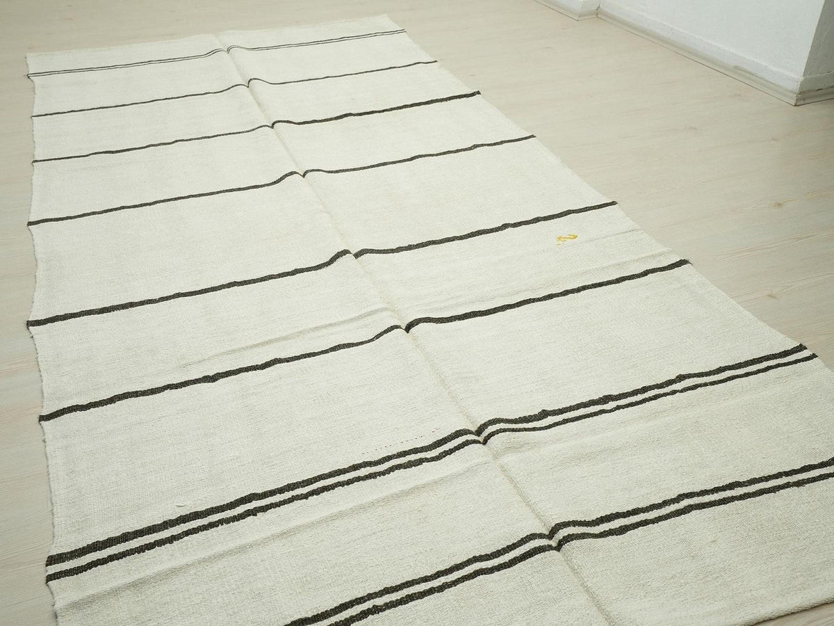 Turkish Organic Hemp Kilim Rug: Brown & White Stripe, Scandinavian Decor Rugs, 5,5"x11,3" Feet.